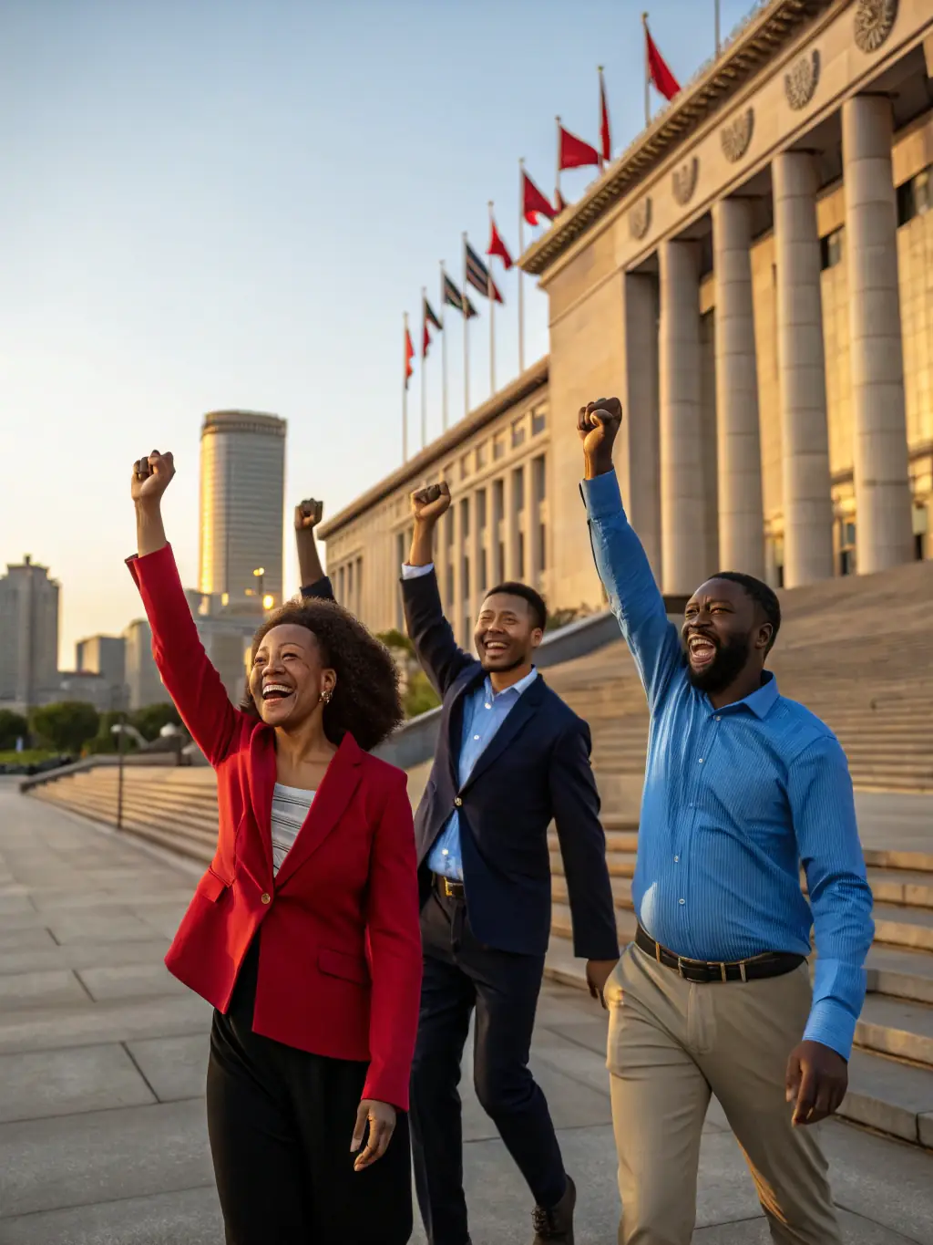 A diverse group of entrepreneurs celebrating a successful funding round, symbolizing the end result of Ironwood Management's comprehensive services.