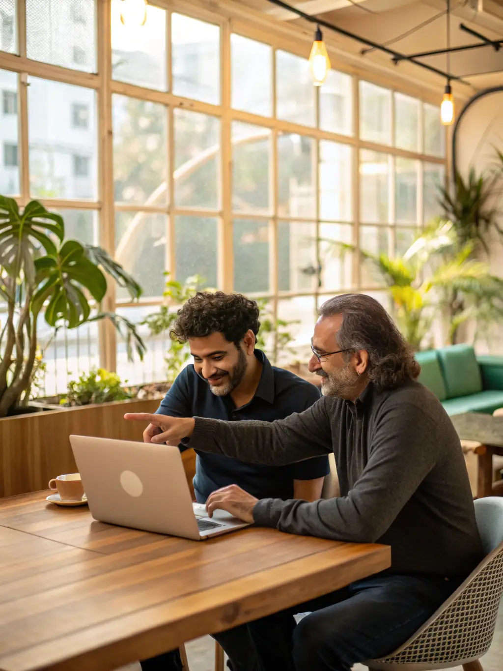 A mentor figure guiding an entrepreneur through a business challenge, fostering confidence and informed decision-making, illustrating hands-on mentorship.