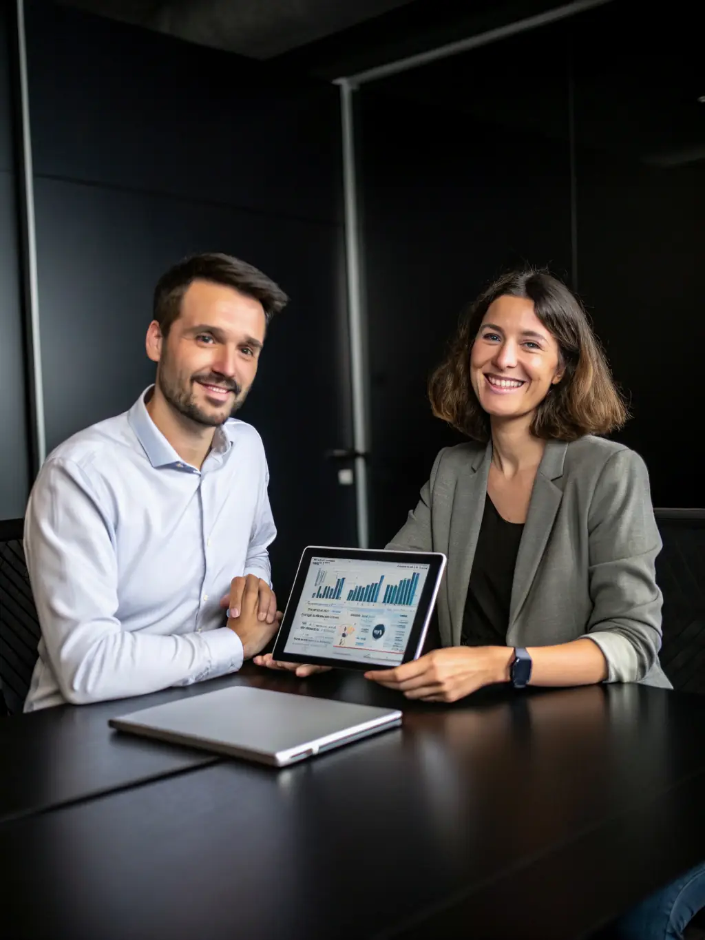 A consultant in a suit, reviewing financial documents with a client in a modern office setting, symbolizing strategic business consulting.